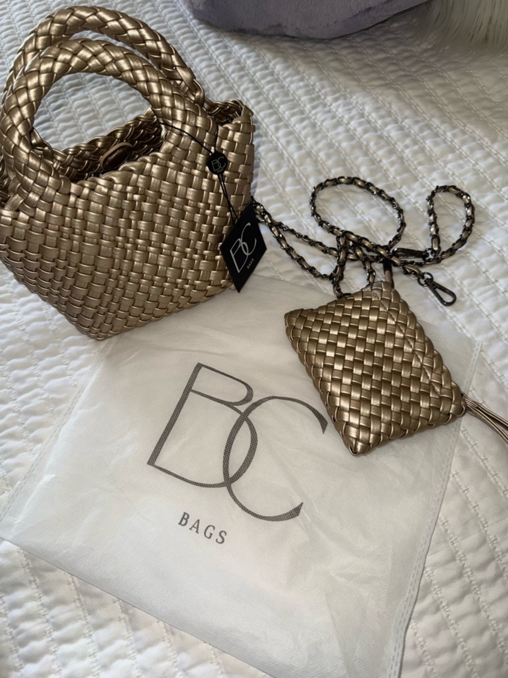 Metallic Gold Woven Mini Tote with Matching Pouch
